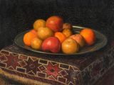 a painting of a bowl of oranges and apples on a table