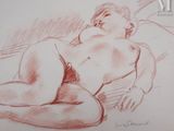 drawing of a nude woman laying on a bed with a pillow