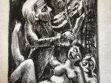 an image of a black and white drawing of a man playing a violin