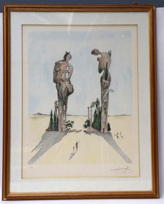 tableau représentant deux personnages dans un paysage désertique parsemé d'arbres et de buissons
