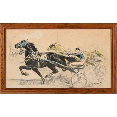 tableau représentant deux chevaux tirant une calèche dans laquelle se trouve un homme