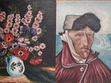 painting of a man smoking a pipe next to a vase of flowers