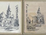 deux dessins représentant une église et un clocher, dans un cadre