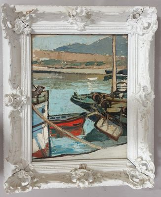 a picture of a painting of boats on the water