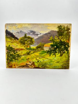 a painting of a landscape with trees and mountains in the background