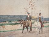 painting of two men riding horses on a dirt road with a tree in the background