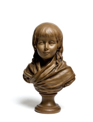 bronze bust of a young girl with braids on her hair