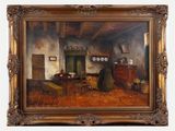 une peinture à l'huile représentant une cuisine avec une table et des chaises