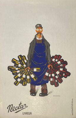 tableau représentant un homme portant un tablier bleu et tenant un bouquet de fleurs rouges et jaunes