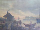 a painting of people on the shore with boats in the water
