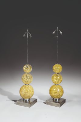 pair of yellow glass lamps on metal bases