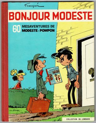 la couverture de « Bonjour Modeste », avec un dessin représentant un garçon et un autre garçon portant une valise