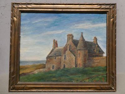 an oil painting of a castle in a field with a sky background