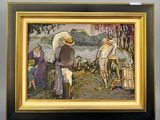 tableau représentant une femme et un homme accompagnés d'un chien dans un paysage