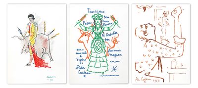 quatre dessins de couleurs différentes représentant une femme et un homme à cheval