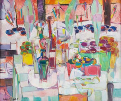 une peinture à l'huile représentant une table sur laquelle se trouvent un vase de fleurs et des fruits