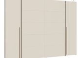 a white wardrobe with three doors and two drawers