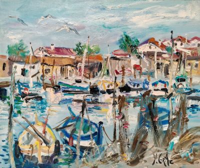une peinture à l'huile représentant des bateaux amarrés dans un port, avec des bâtiments en arrière-plan