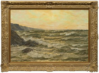 une image représentant un tableau représentant des vagues, dans un cadre doré, sur fond blanc