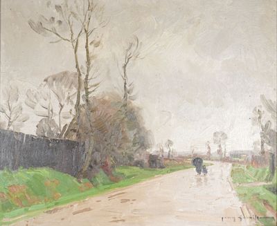 un tableau représentant une personne marchant sur une route avec un parapluie