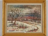 an image of a painting of a snowy landscape with a house in the distance