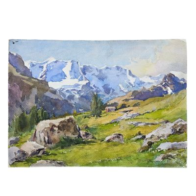aquarelle représentant un paysage de montagne avec des rochers et de l'herbe