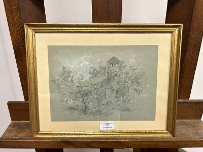 an old picture of a wooden chair with a picture of a house on it