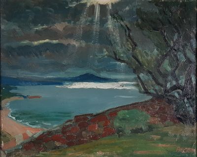 an image of a painting of a tree on a hill by the ocean