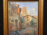 an oil painting of a street scene with a church in the background