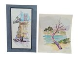 two watercolor paintings of a house and a boat on the water