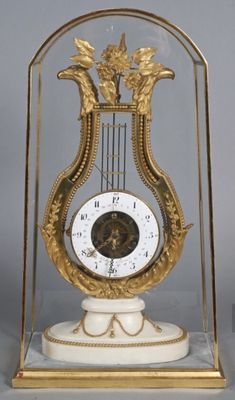 a clock in a glass case on a table