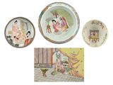four different plates with asian designs on them on a white background