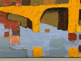 un tableau représentant un pont jaune enjambant un plan d'eau