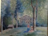 a painting of two people sitting under a tree