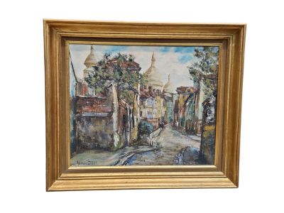 une peinture à l'huile représentant une scène de rue, dans un cadre doré
