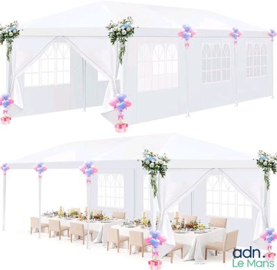 three different views of a white tent with tables and chairs
