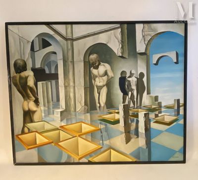 un tableau accroché au mur d'une pièce où se trouvent des personnes