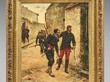a painting of two men walking down a street in a village