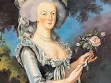 tableau représentant une femme en robe bleue tenant une fleur