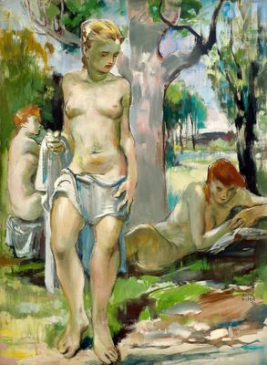 painting of a couple of naked men in a park by a tree
