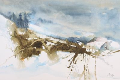 une aquarelle représentant une branche d'arbre dans la neige