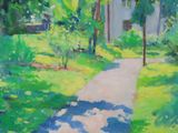 une peinture à l'huile représentant un sentier dans un parc, avec une maison en arrière-plan