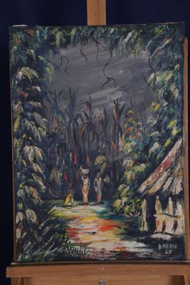 un tableau posé sur un chevalet, représentant une scène de forêt