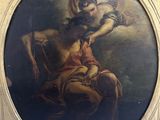 an old painting of a man holding a child in his lap