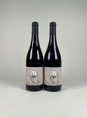 two bottles of red wine sitting on top of a table