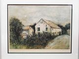 painting of a white house with a red roof and a white fence