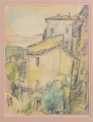 peinture d'une scène de rue avec des bâtiments et une personne marchant dans la rue
