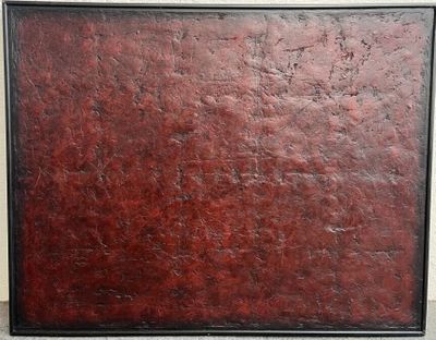 une image représentant un tableau sur fond rouge, encadré de noir