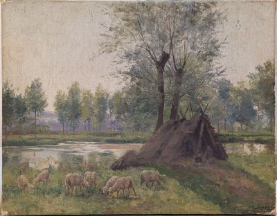 un tableau représentant un troupeau de moutons paissant dans un champ