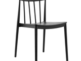 the chair is black and has a wooden seat and back